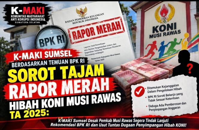 
					K-MAKI Sumsel Sorot Tajam Rapor Merah Hibah KONI Musi Rawas TA 2025: “Anggaran Atlet Diduga Di Salah Gunakan Secara  Berjemaah Melalui Modus RAB Fiktif!”