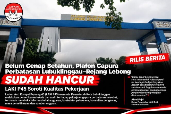 
					Belum Genap Setahun, Plafon Gapura Perbatasan Lubuklinggau–Rejang Lebong Sudah Hancur