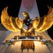 A statue of the Garuda Pancasila, the national emblem of Indonesia, is seen at the monument after a night vigil marking the National Heroes Day at Kalibata Heroes' Cemetery in Jakarta on November 10, 2025. The Kalibata Heroes' Cemetery, inaugurated in 1954, is Indonesia's main national cemetery, where more than 10,000 military personnel, veterans, and recipients of the nation's highest honors are buried. (Photo by YASUYOSHI CHIBA / AFP) (Photo by YASUYOSHI CHIBA/AFP via Getty Images)
